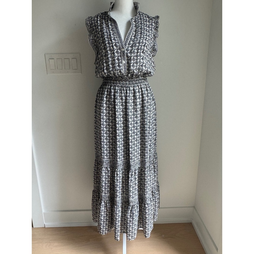 Max Studio Ruffle Maxi Dress Black White Smocked Waist Tiered Skirt M